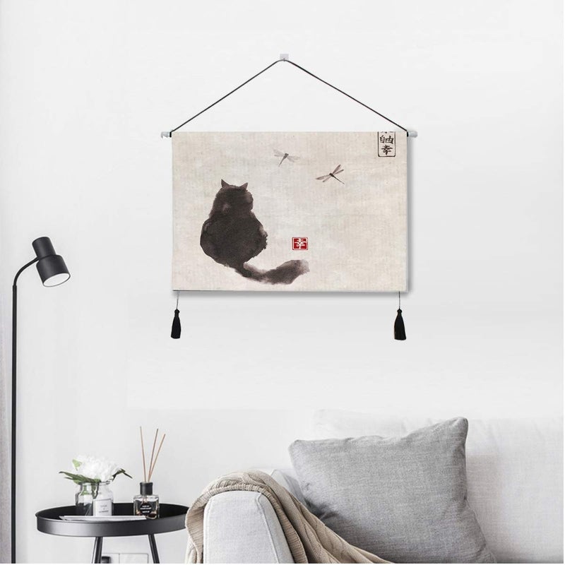 YYZZH Black Fluffy Cat Watch Dragonfly On Vintage Paper Japanese Ink Painting Hanging Canvas Print Wall Art Decor 17.5"X24.5" Poster Artwork Painting Prints Home Decor For Bedroom Living Room - Image 5